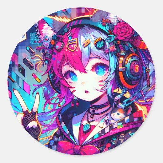 Glitchcore kleurrijke anime artwork ronde sticker (Voorkant)