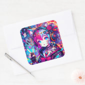 Glitchcore kleurrijke anime artwork vierkante sticker (Envelop)