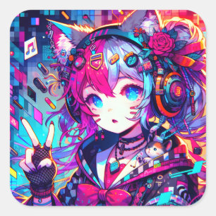Glitchcore kleurrijke anime artwork vierkante sticker