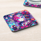 Glitchcore Kleurrijke Anime Girl artwork Bier Onderzetter (Linkerzijde)