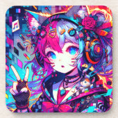 Glitchcore Kleurrijke Anime Girl artwork Bier Onderzetter (Voorkant)