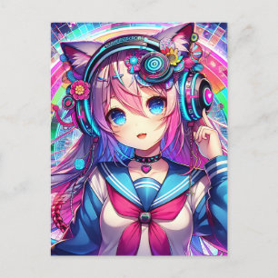 Glitchcore Kleurrijke Anime Girl artwork Briefkaart