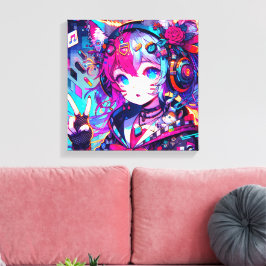 Glitchcore Kleurrijke Anime Girl artwork Canvas Afdruk