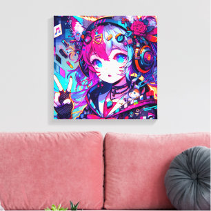 Glitchcore Kleurrijke Anime Girl artwork Canvas Afdruk
