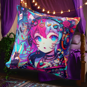 Glitchcore Kleurrijke Anime Girl artwork Kussen