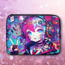 Glitchcore Kleurrijke Anime Girl artwork Laptop Sleeve