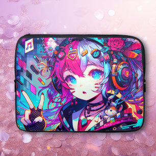 Glitchcore Kleurrijke Anime Girl artwork Laptop Sleeve
