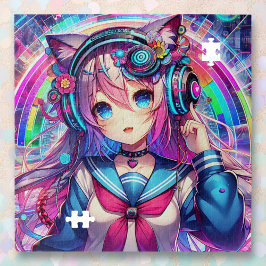 Glitchcore Kleurrijke Anime Girl artwork Legpuzzel