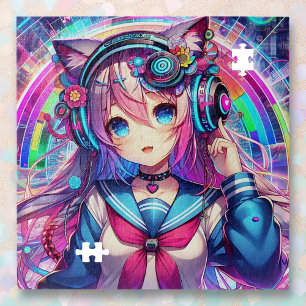 Glitchcore Kleurrijke Anime Girl artwork Legpuzzel