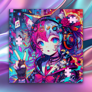 Glitchcore Kleurrijke Anime Girl artwork Legpuzzel