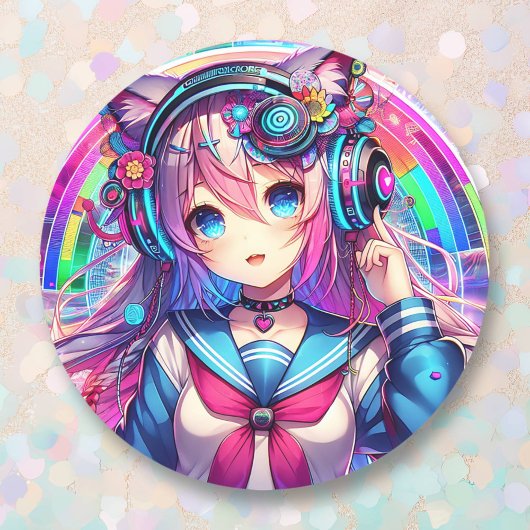 Glitchcore Kleurrijke Anime Girl artwork Ronde Sticker