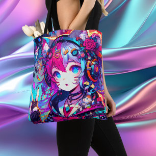 Glitchcore Kleurrijke Anime Girl artwork Tote Bag