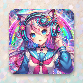 Glitchcore Kleurrijke Anime Girl artwork Vierkante Sticker