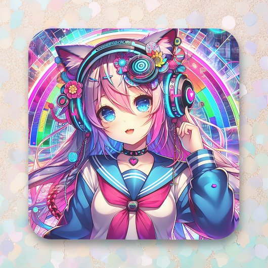 Glitchcore Kleurrijke Anime Girl artwork Vierkante Sticker
