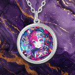 Glitchcore Kleurrijke Anime Girl artwork Zilver Vergulden Ketting<br><div class="desc">Anime glitchcore meisje het geven van een vredesteken met koptelefoon,  muzieknoten en vossenoren kleurrijke paarse,  roze,  blauw en zwarte ai art.</div>
