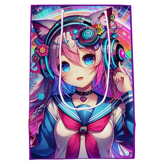 Glitchcore Kleurrijke Anime Girl Kunstwerk Verjaar Medium Cadeauzakje (Achterkant)