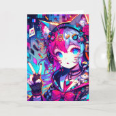 Glitchcore kleurrijke anime meisje verjaardag kaart (Voorkant)