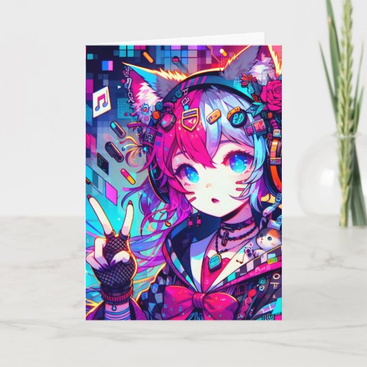 Glitchcore kleurrijke anime meisje verjaardag kaart (Voorkant)