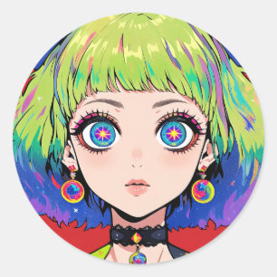 Glitchcore Ruimte Meisje Met Sterren Ogen Ronde Sticker