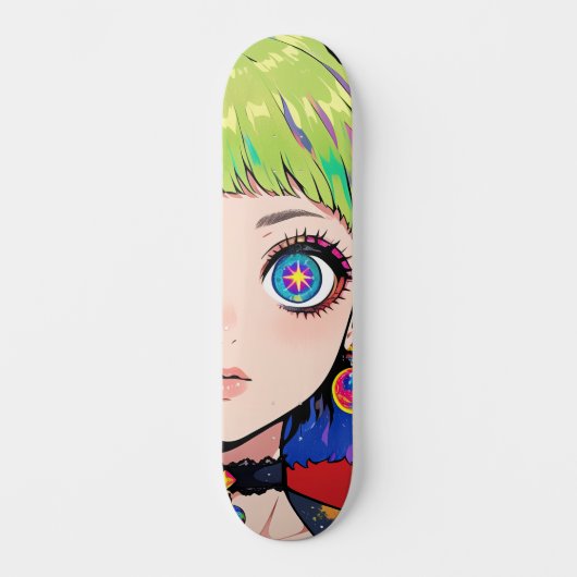 Glitchcore Space Girl With Star Eyes Persoonlijk Skateboard (Voorkant)