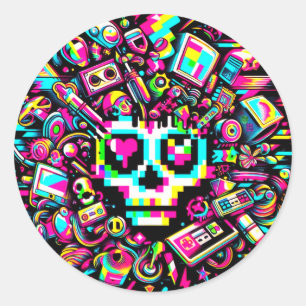 Glitched Out Skull - Hart Oog Ronde Sticker