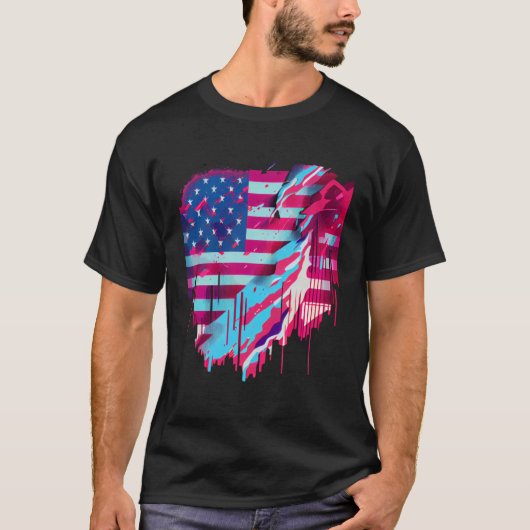 Glitched Vaporwave American Flag T-shirt (Voorkant)