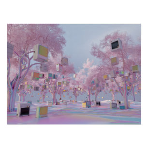 Glitchy Roze Sakura Park met Zwevende Vensters Perfect Poster
