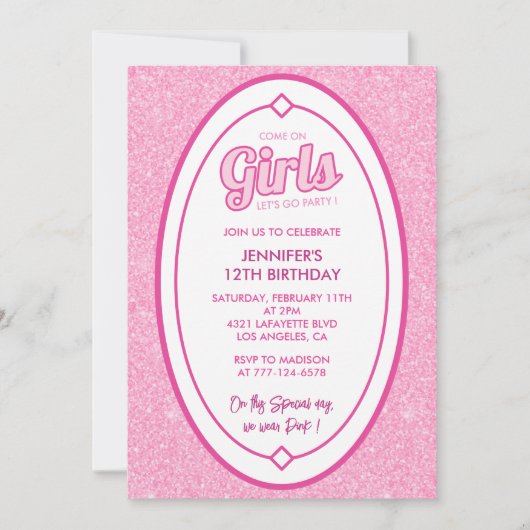 Glitter 12e verjaardag uitnodiging Doll blush roze (Voorkant)