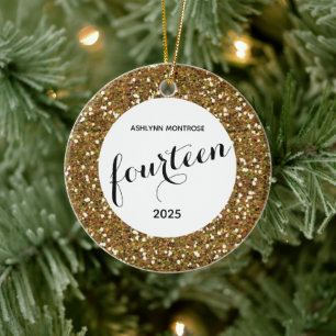 Glitter 14e verjaardag op maat keramisch ornament