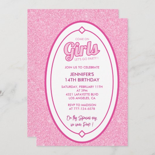 Glitter 14e verjaardag uitnodiging Doll blush roze (Voorkant / Achterkant)