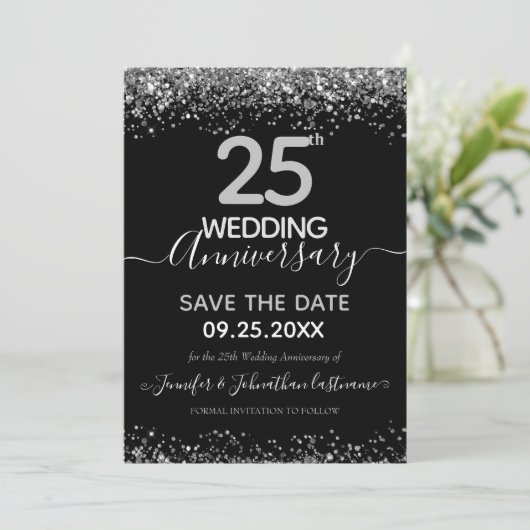 Glitter 25th Wedding Jubileum Uitnodiging (Staand voorkant)