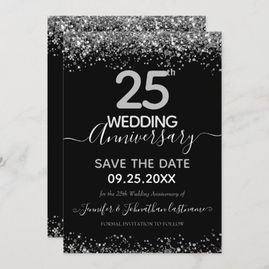 Glitter 25th Wedding Jubileum Uitnodiging (Voorkant / Achterkant)