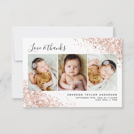 Glitter 3 Foto Collage New Baby Bedankkaart (Voorkant)