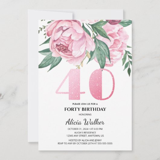 Glitter 40e roze pioen bloemig groen Verjaardag Kaart (Voorkant)