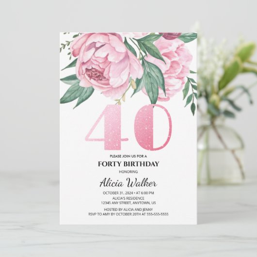 Glitter 40e roze pioen bloemig groen Verjaardag Kaart (Staand voorkant)