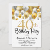 Glitter 40th Birthday Invitation Gold Balloons Kaart (Voorkant)