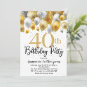 Glitter 40th Birthday Invitation Gold Balloons Kaart (Staand voorkant)