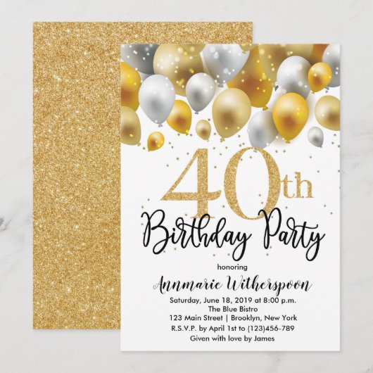 Glitter 40th Birthday Invitation Gold Balloons Kaart (Voorkant / Achterkant)