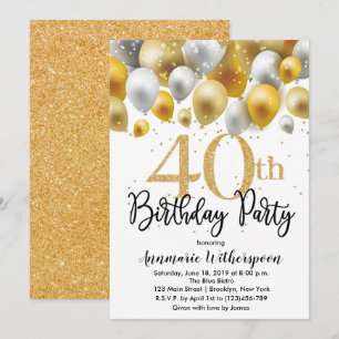 Glitter 40th Birthday Invitation Gold Balloons Kaart