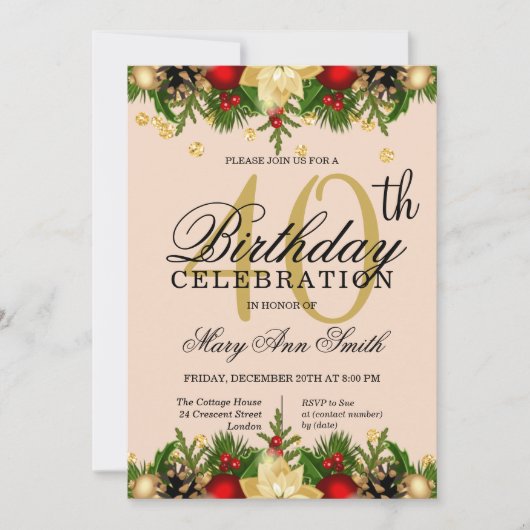 Glitter 40th Birthday Party (Gold & Blush Holiday) Kaart (Voorkant)