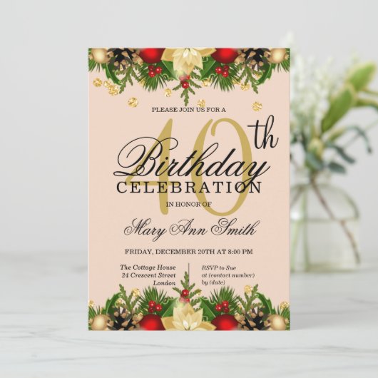 Glitter 40th Birthday Party (Gold & Blush Holiday) Kaart (Staand voorkant)