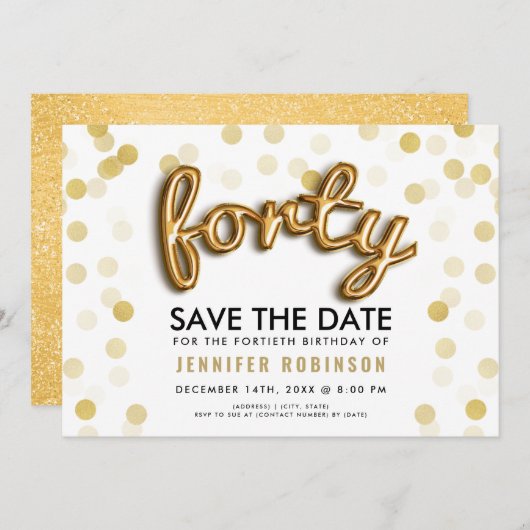 Glitter 40th Birthday Save the Date Kaart (Voorkant / Achterkant)