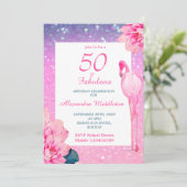 Glitter 50 Flamingo Pink Floral Birthday Kaart (Staand voorkant)