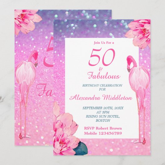 Glitter 50 Flamingo Pink Floral Birthday Kaart (Voorkant / Achterkant)