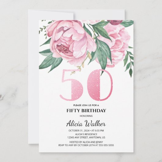 Glitter 50e roze pioen bloemig groen Verjaardag Kaart (Voorkant)