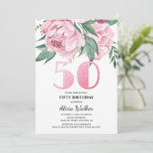 Glitter 50e roze pioen bloemig groen Verjaardag Kaart (Staand voorkant)