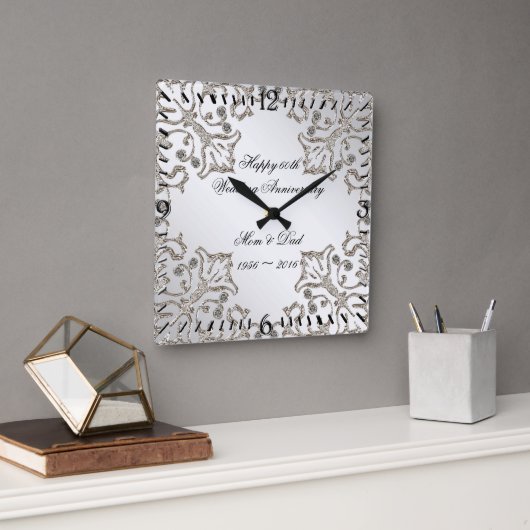 Glitter 60th Diamond Wedding Anniversary Clock Vierkante Klok (Kantoor)