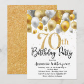 Glitter 70th Birthday Invitation Gold Balloons Kaart (Voorkant / Achterkant)
