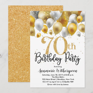 Glitter 70th Birthday Invitation Gold Balloons Kaart