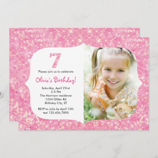Glitter 7e verjaardag Uitnodiging (Voorkant / Achterkant)